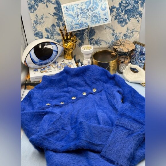 🆕 VERSACE JEANS COUTURE 🧿 NWOT Royal Blue Faux Fur Knit Dress, Buttons - Sz XL - Picture 2 of 16